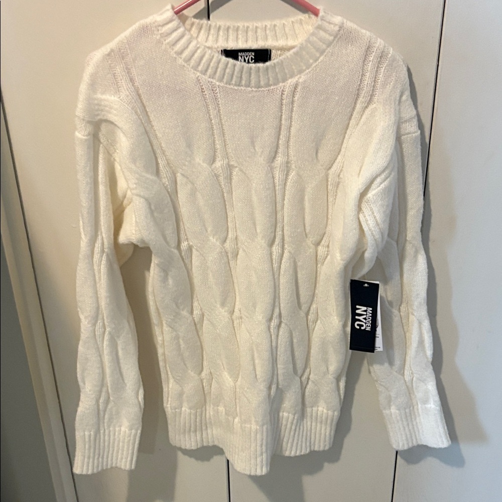 Women's White Cable Knit Sweater by GAIN
